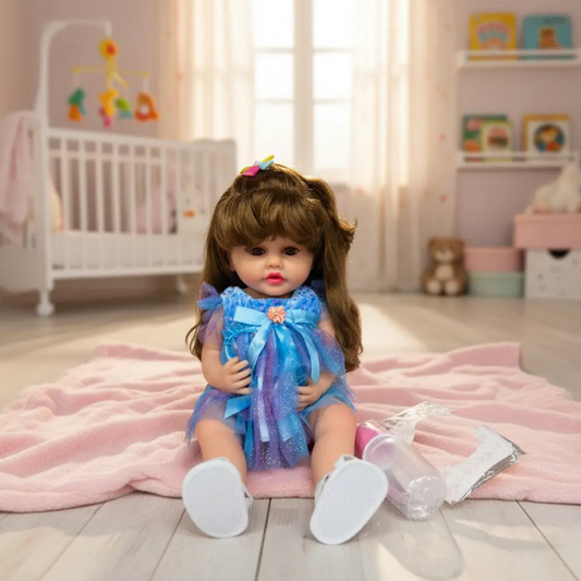 Bebé realista con sonidos, vestido azul