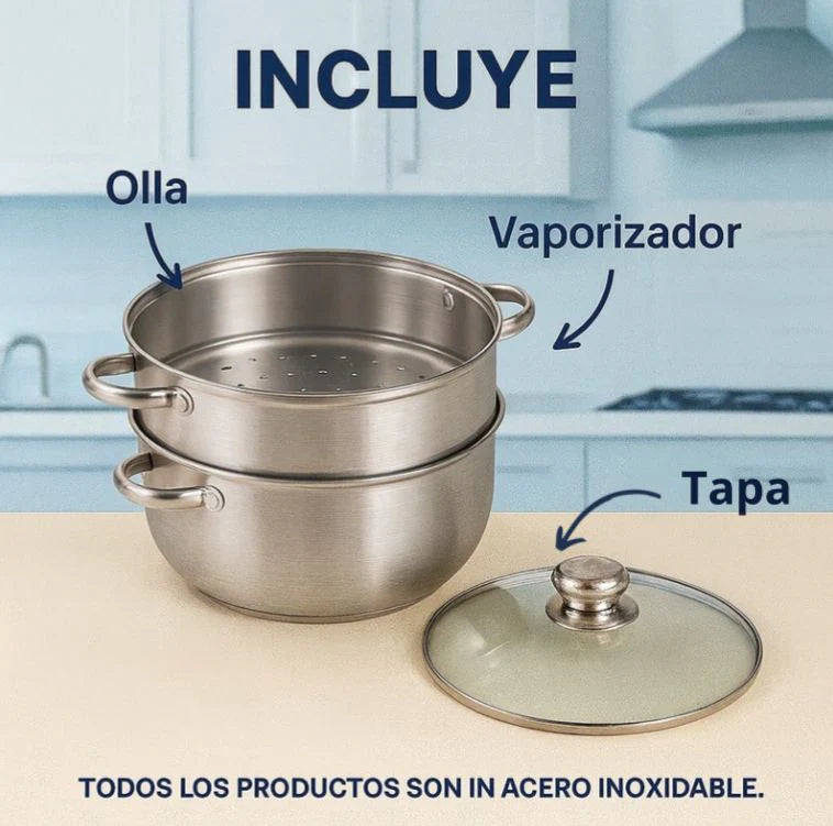 Olla vaporizadora en acero inoxidable 3 en 1