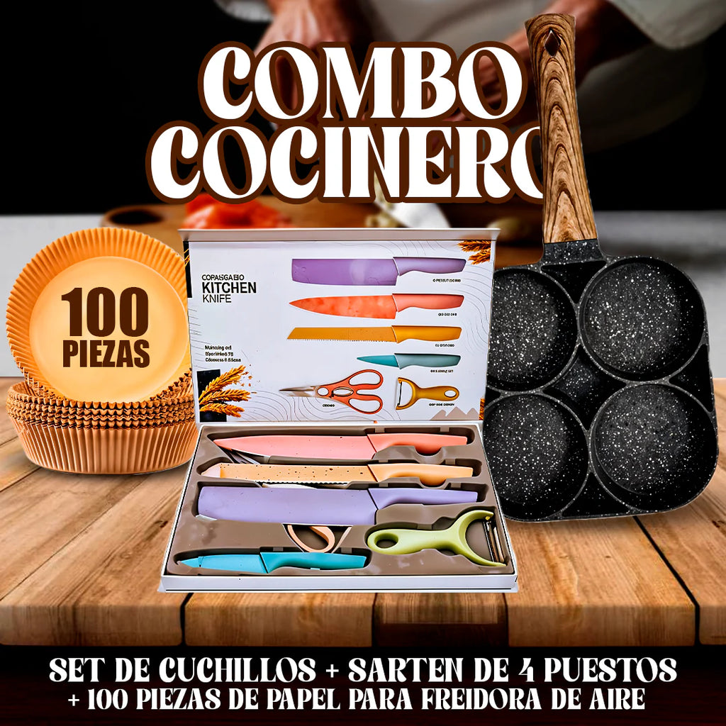 Super Combo Cocinero: Sarten 4 puestos + Set de cuchillos + OBSEQUIO De 100 papeles protectores para Freidora de aire