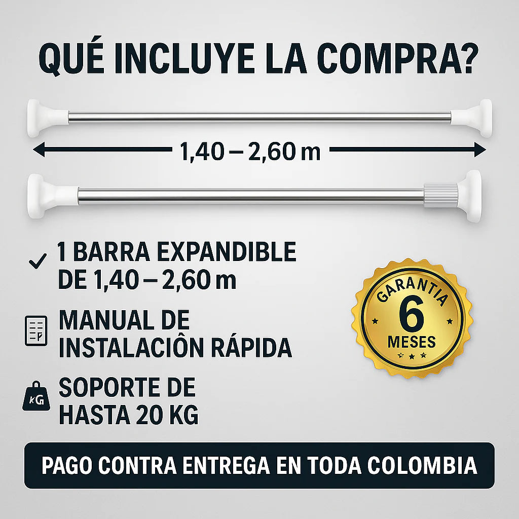 Barra Extensible de Acero – 1.40 a 2.60 m / 20 kg