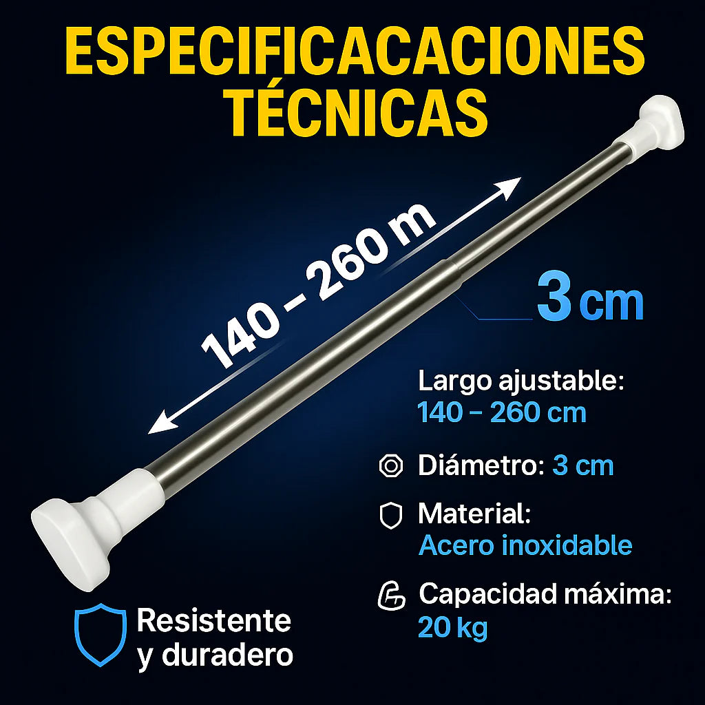 Barra Extensible de Acero – 1.40 a 2.60 m / 20 kg