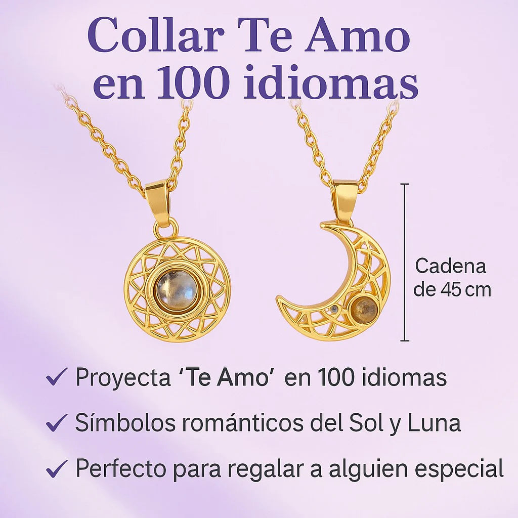 Collar Te amo 100 idiomas sol y luna Par