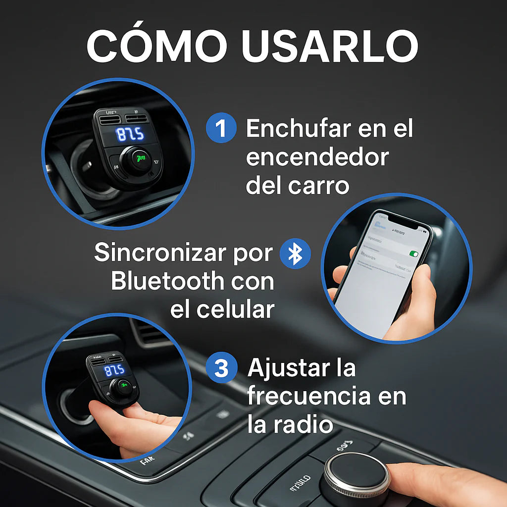Transmisor FM Bluetooth para Carro – Conecta, Reproduce y Carga