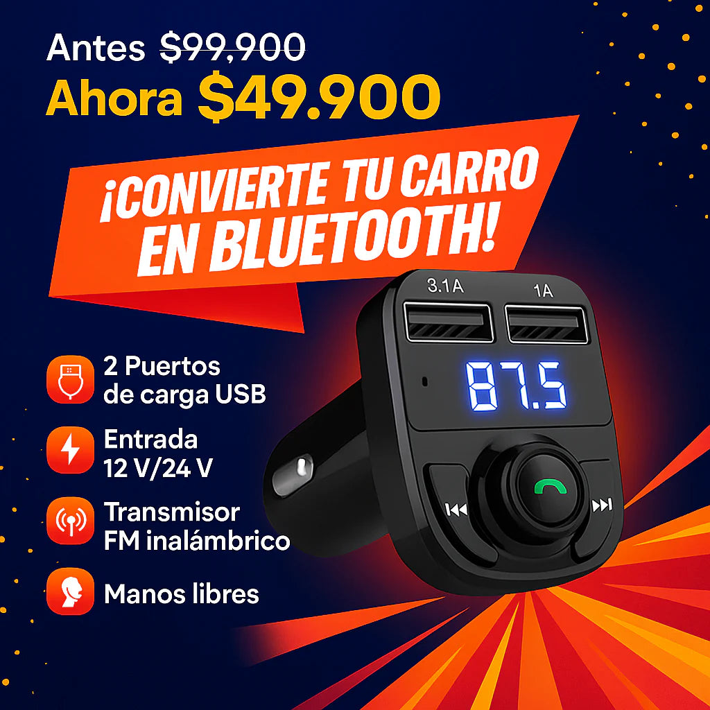 Transmisor FM Bluetooth para Carro – Conecta, Reproduce y Carga